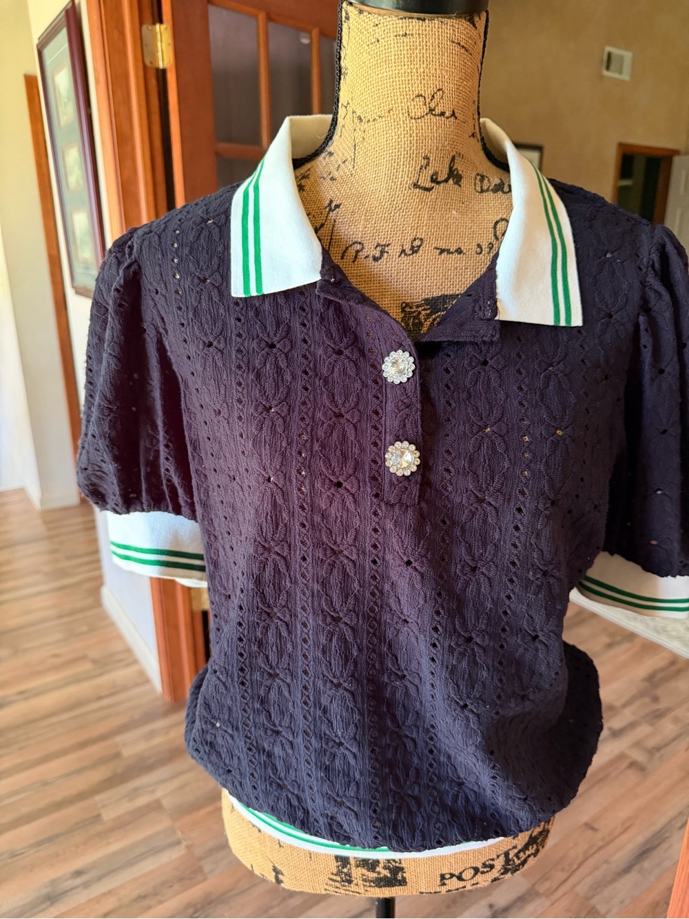 Maeve Navy Eyelet Knit Short Sleeve Polo with White & Green Trim